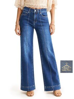 High Waisted Stretch Wide Leg Jeans Front Seam Denim Pants